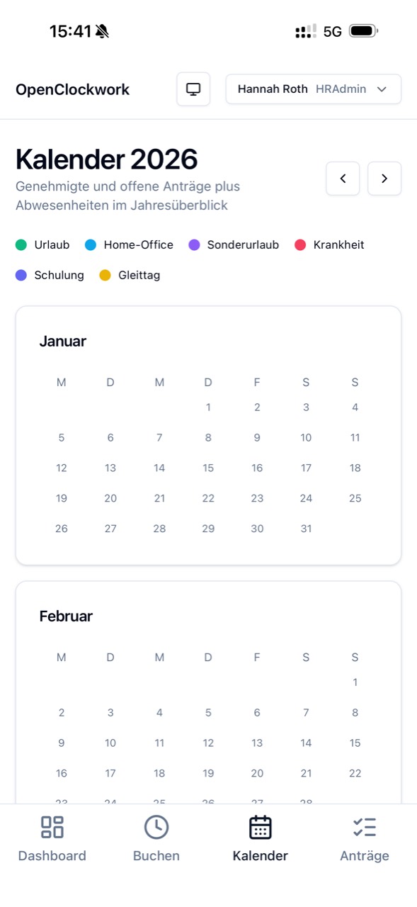 Jahreskalender mit Abwesenheiten in OpenClockwork